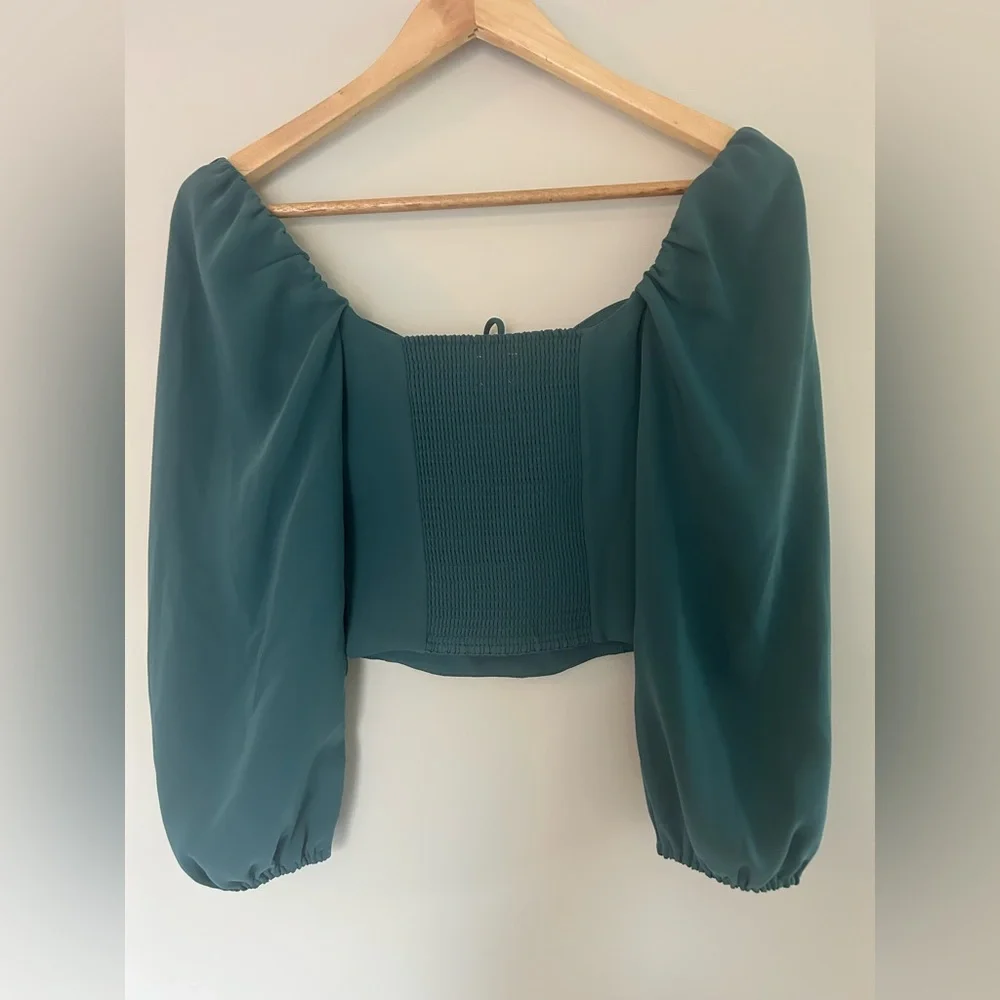Aritzia Wilfred Novella Blouse Teal Long Sleeve Crop Top - Picture 2 of 3
